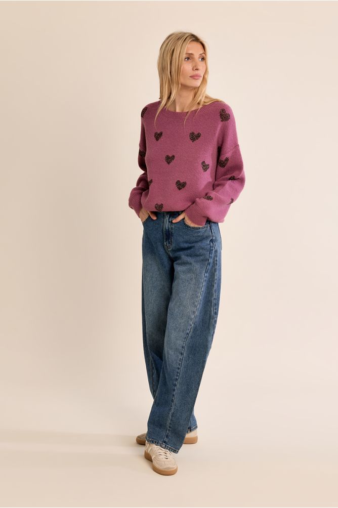 Pull en maille, cœurs pailletés