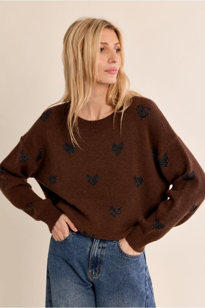Pull en maille, cœurs pailletés