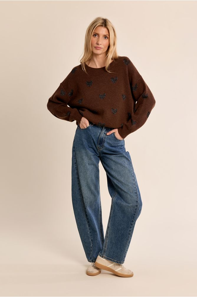 Pull en maille, cœurs pailletés