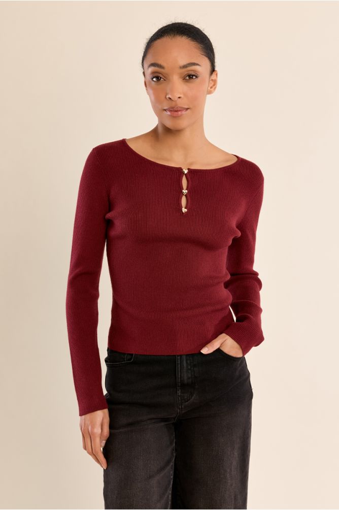 Pull fin côtelé, boutons fantaisie