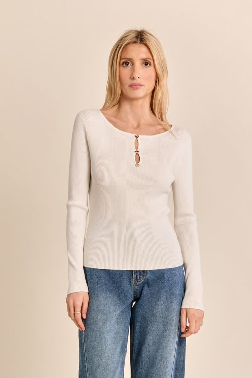 Pull fin côtelé, boutons fantaisie