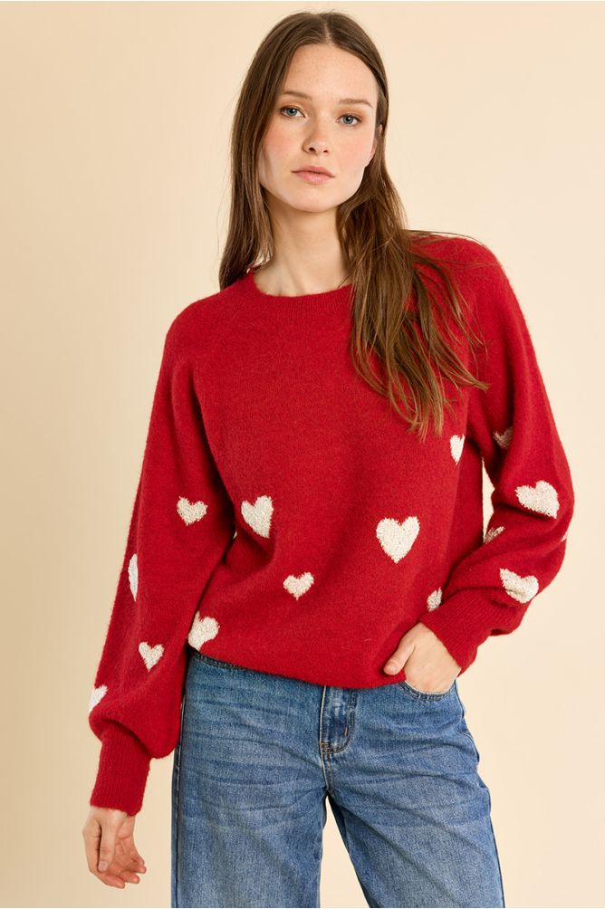 Balloon sleeve sweater, heart pattern