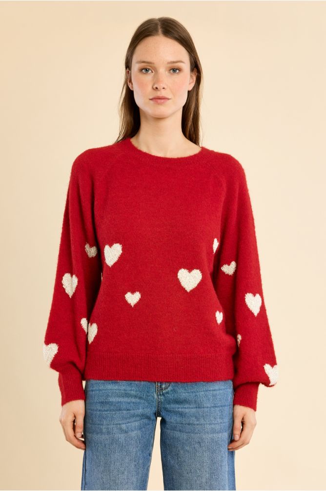 Balloon sleeve sweater, heart pattern