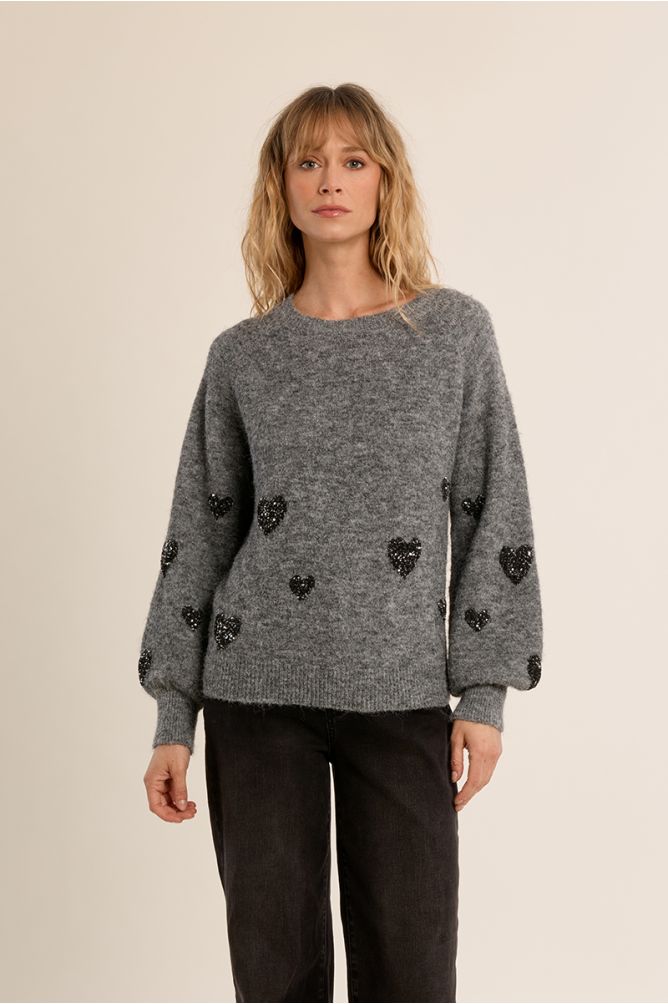 Pull manches ballon, motif cœur