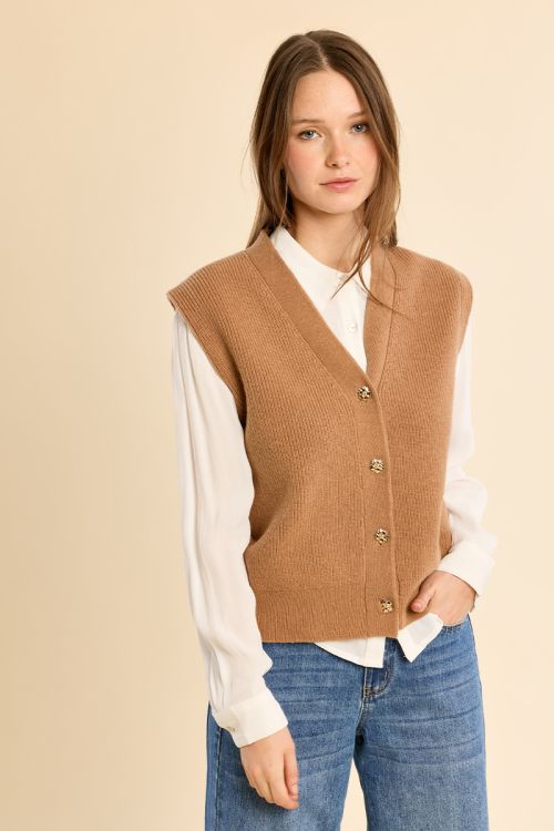 Knitted cardigan, sleeveless