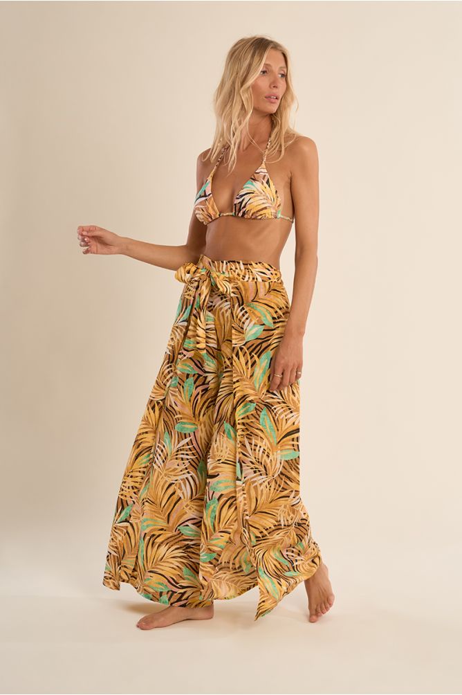 Printed wide pants and tie belt