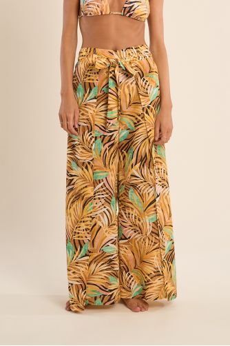 Printed wide pants and tie belt