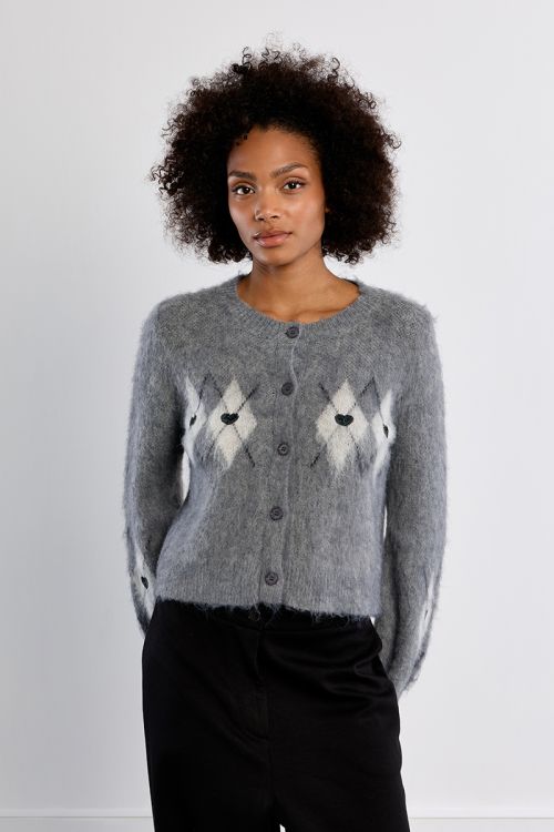 Cardigan à carreaux et cœurs, effet brossé