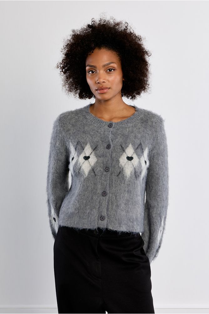 Plaid and heart cardigan, brushed effect