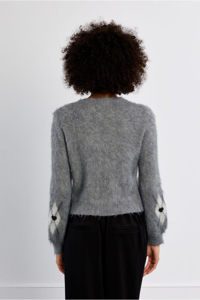 Plaid and heart cardigan, brushed effect