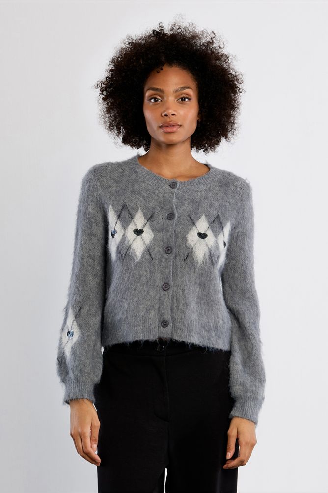 Plaid and heart cardigan, brushed effect