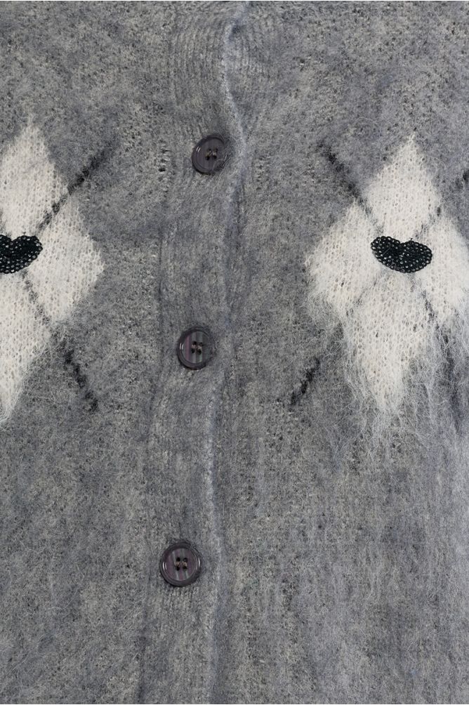 Plaid and heart cardigan, brushed effect
