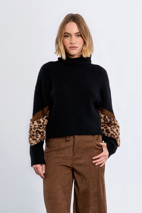 Bi-material sweater, leopard