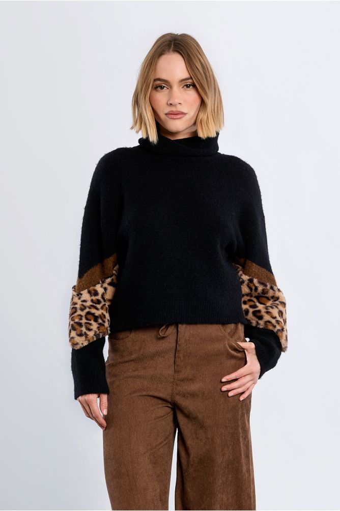 Bi-material sweater, leopard