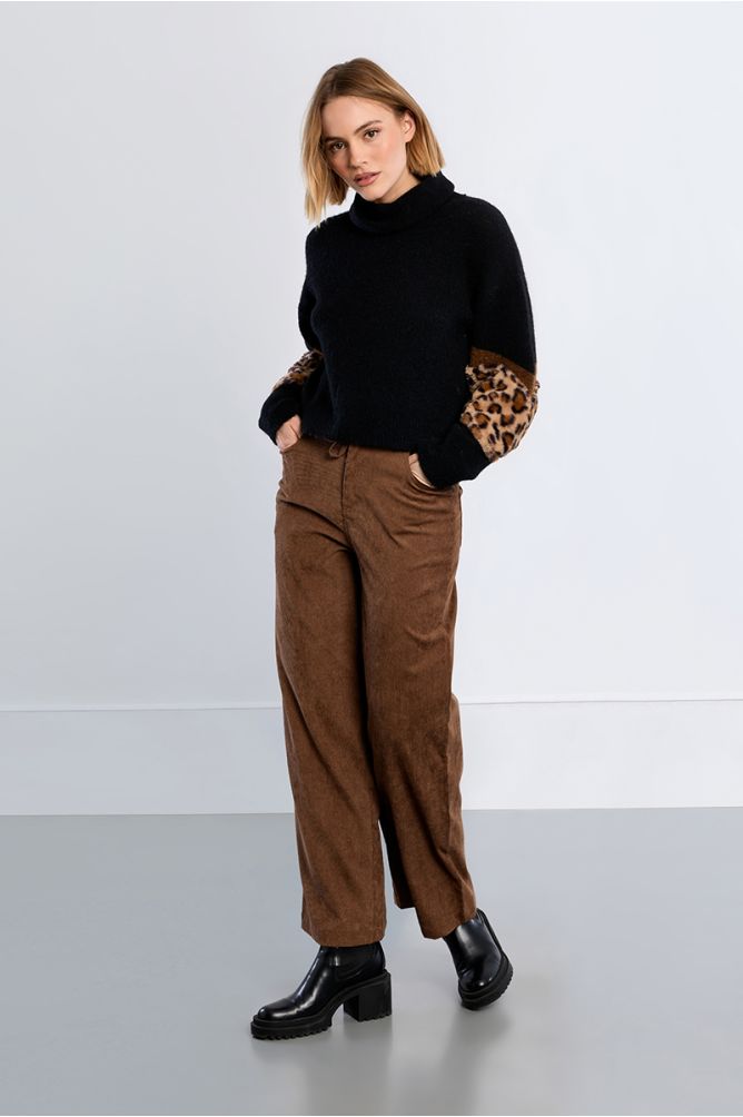 Bi-material sweater, leopard