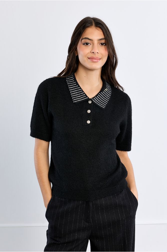 Knitted polo shirt, rhinestone