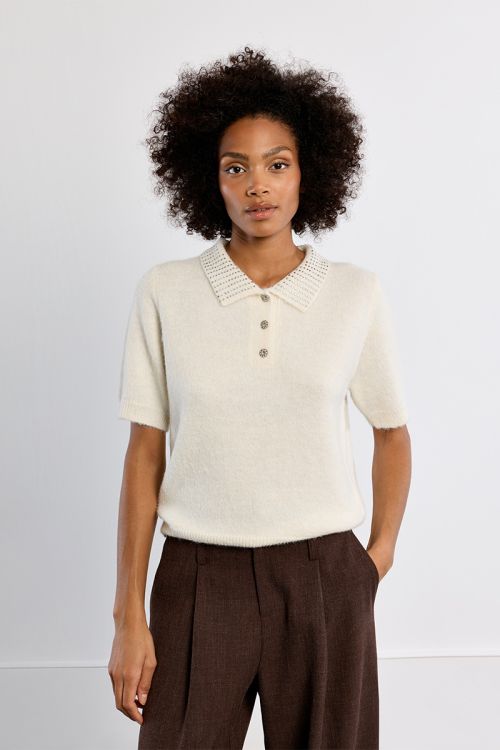 Knitted polo shirt, rhinestone