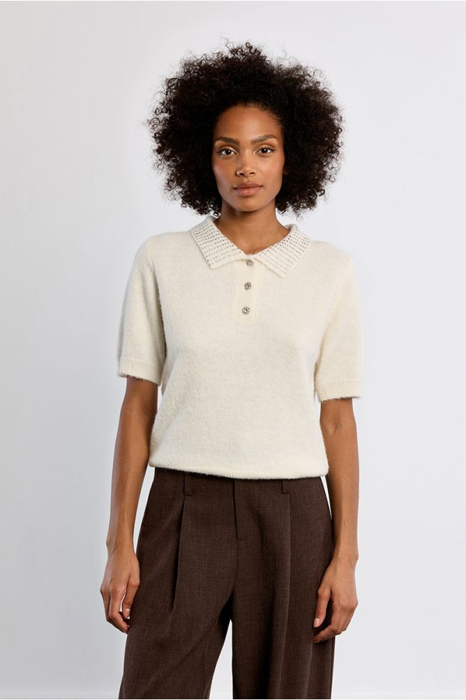 Knitted polo shirt, rhinestone
