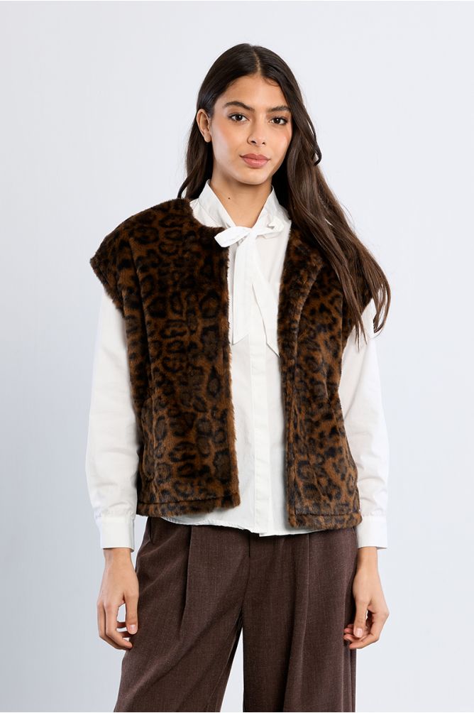 Sleeveless faux fur jacket, leopard