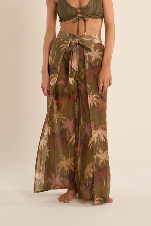 Printed wide pants and tie belt