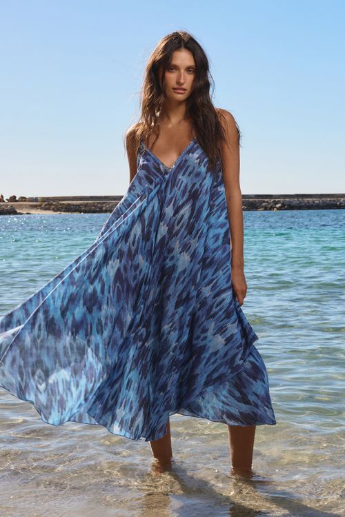 Longue robe fluide en coton, imprimée