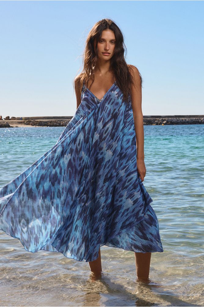 Longue robe fluide en coton, imprimée