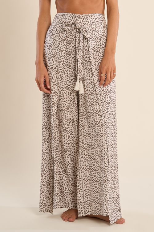 Pantalón de mujer largo, con estampado y lazada.