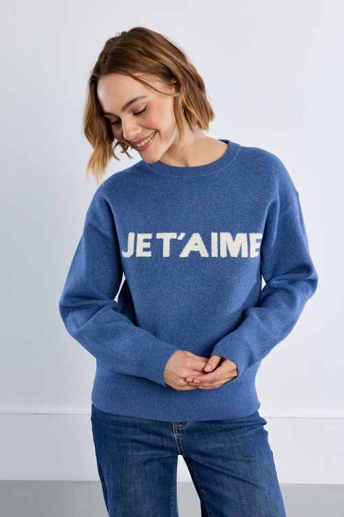 "Pull en maille, inscription ""Je t'aime"""