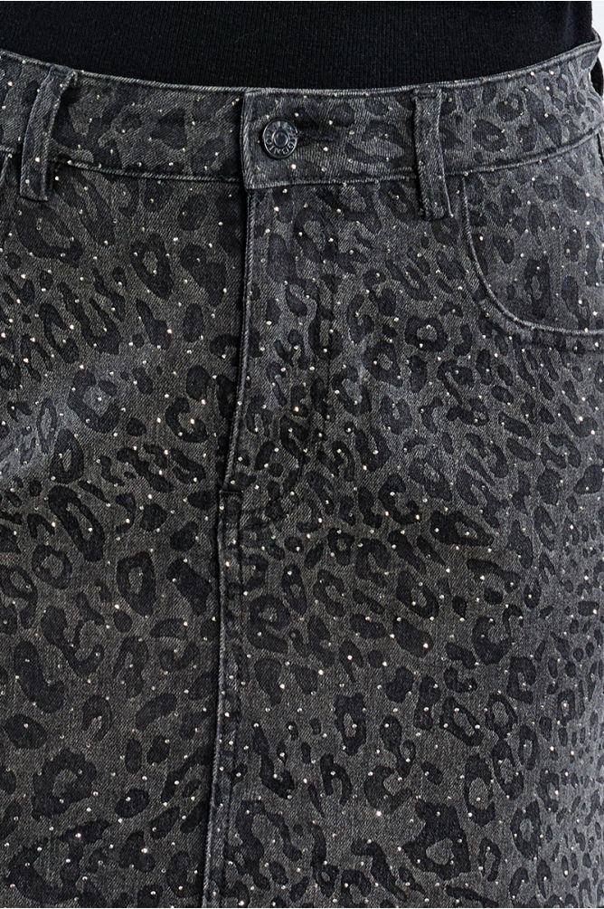 Leopard mini skirt, in rhinestone denim