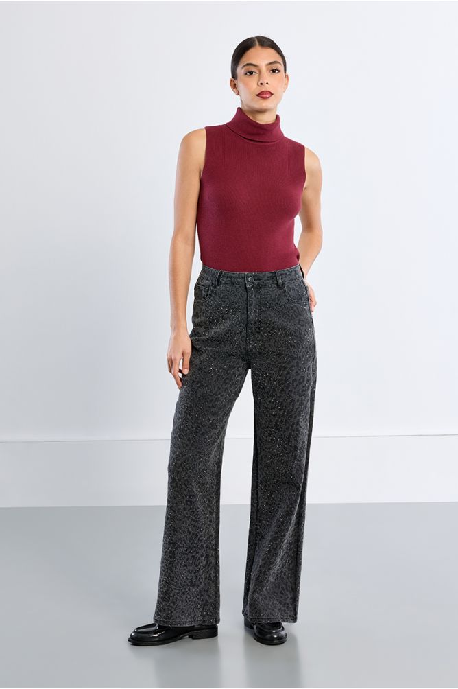 Straight rhinestone denim with leopard print