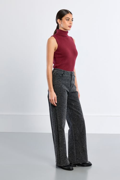 Denim strassé droit, à imprimé léopard