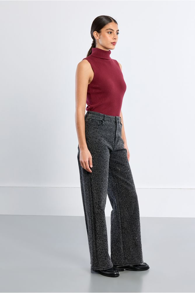 Straight rhinestone denim with leopard print