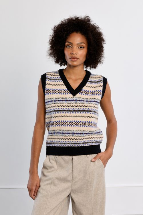 Pull sans manches, motif tybétain col V