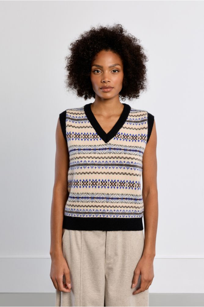Sleeveless sweater, V-neck tybetan pattern
