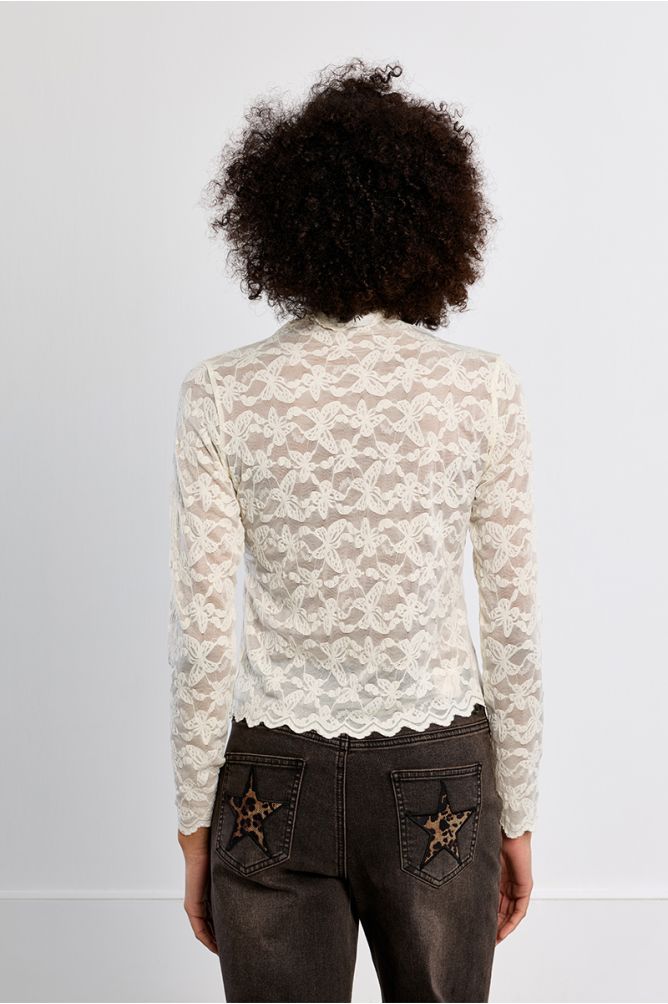 Embroidered mesh top, semi-sheer