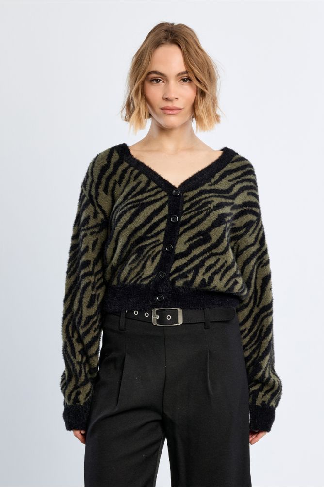 Cardigan zébré en maille duveteuse