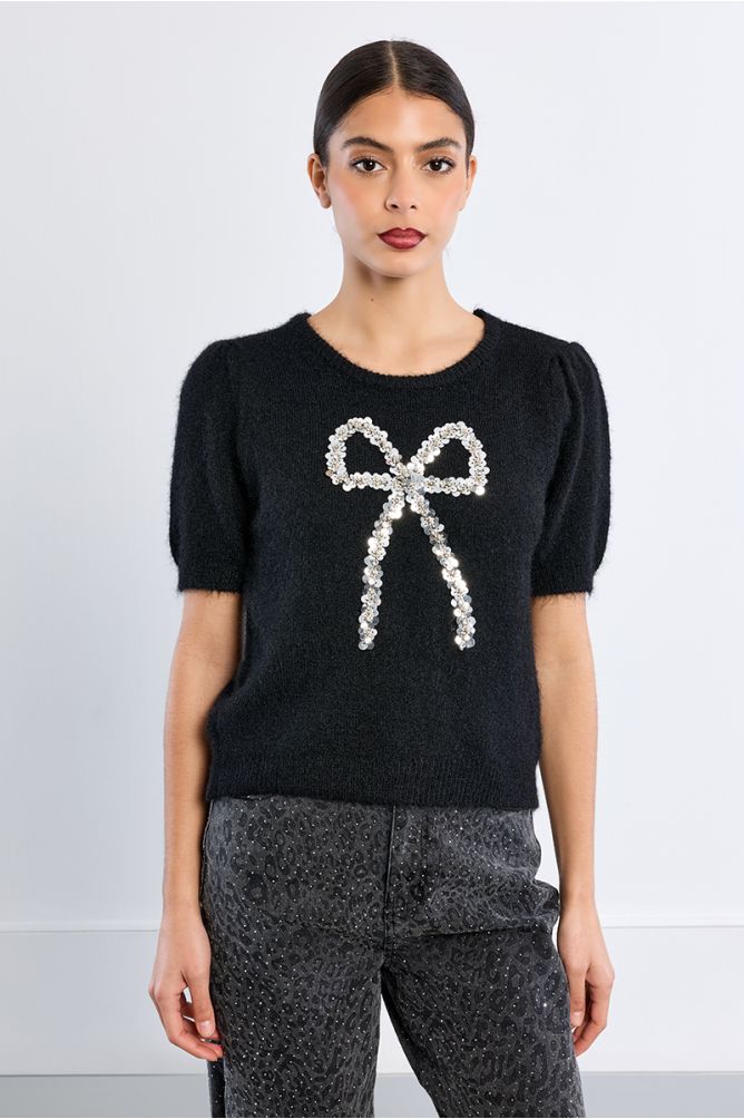 Pull manches courtes, nœud en sequin