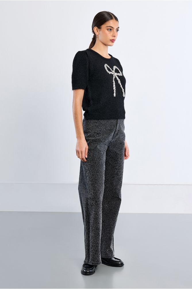 Pull manches courtes, nœud en sequin