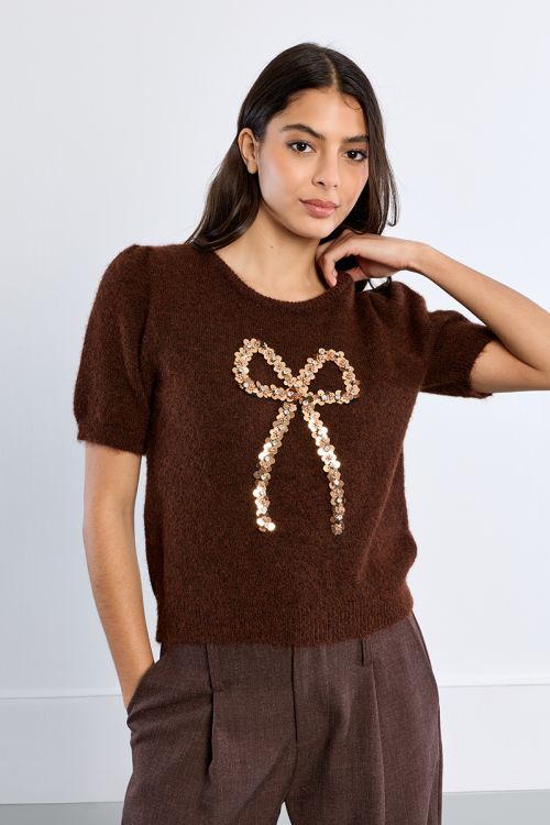 Pull manches courtes, nœud en sequin