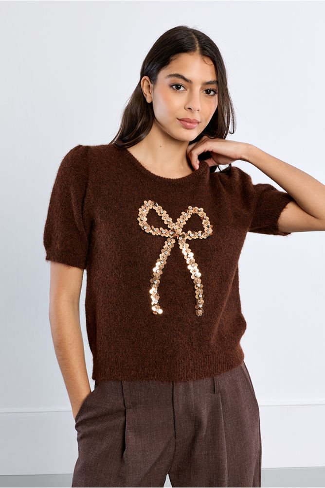 Pull manches courtes, nœud en sequin