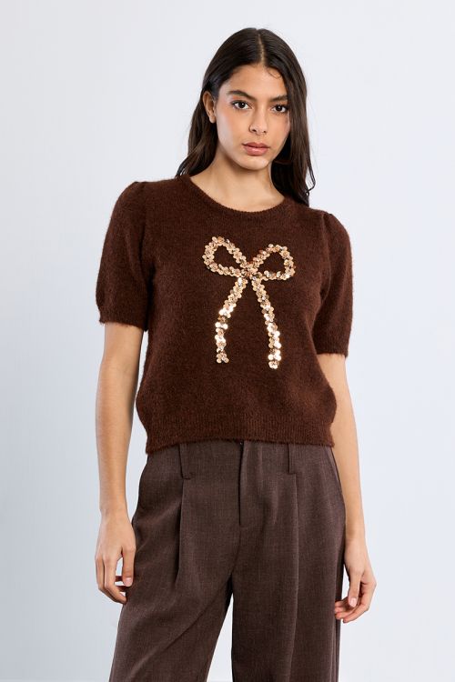 Pull manches courtes, nœud en sequin