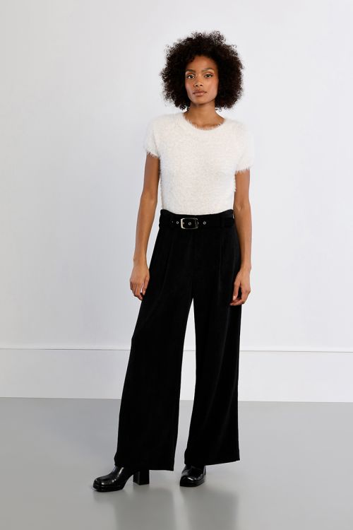 Pantalon taille haute à pinces, velours côtelé