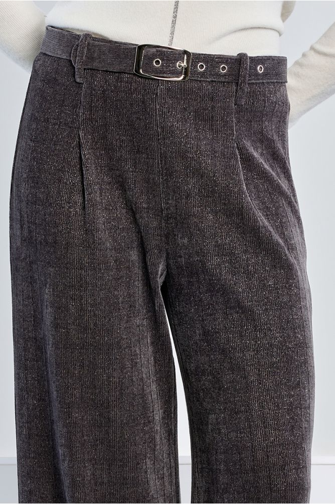 High-waisted pleated trousers, iridescent