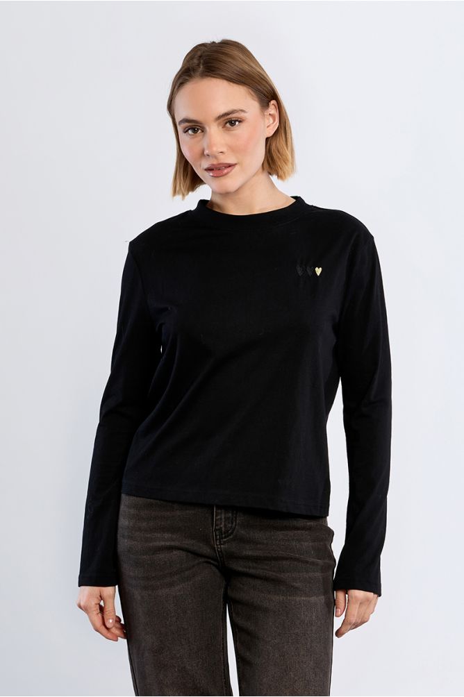 T-shirt manches longues, cœurs brodés