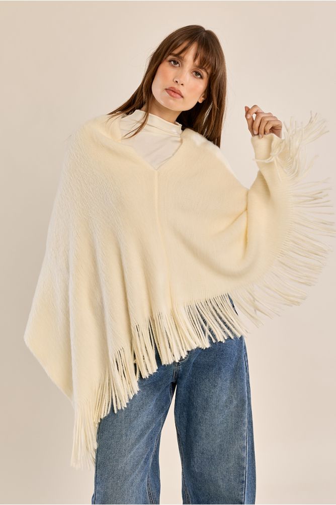Fringed poncho, brushed knit