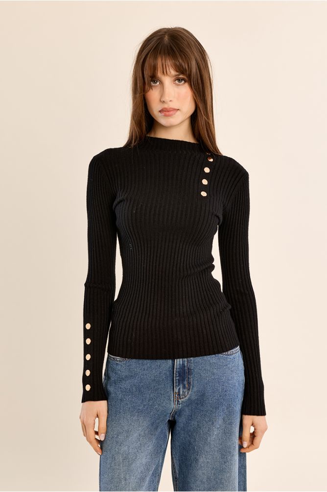 Pull en maille côtelée, à boutons dorés