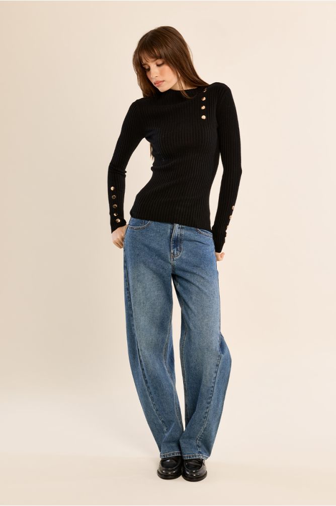 Pull en maille côtelée, à boutons dorés