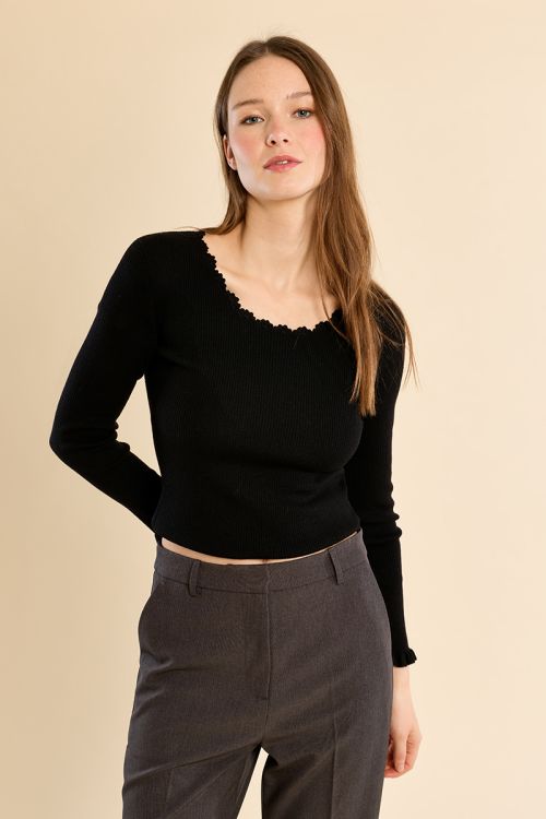 Pull en maille côtelée, col en dentelle