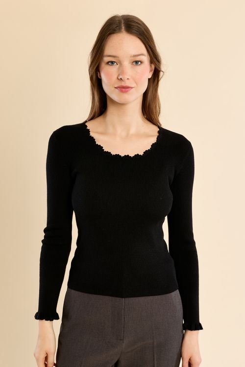Pull en maille côtelée, col en dentelle