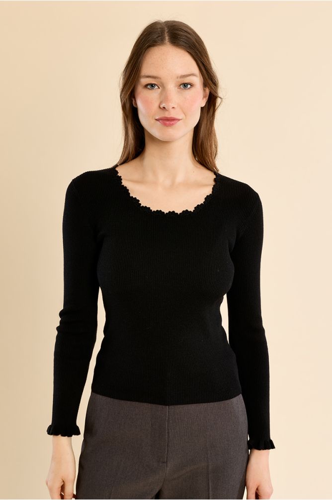 Ribbed knit sweater, lace collar